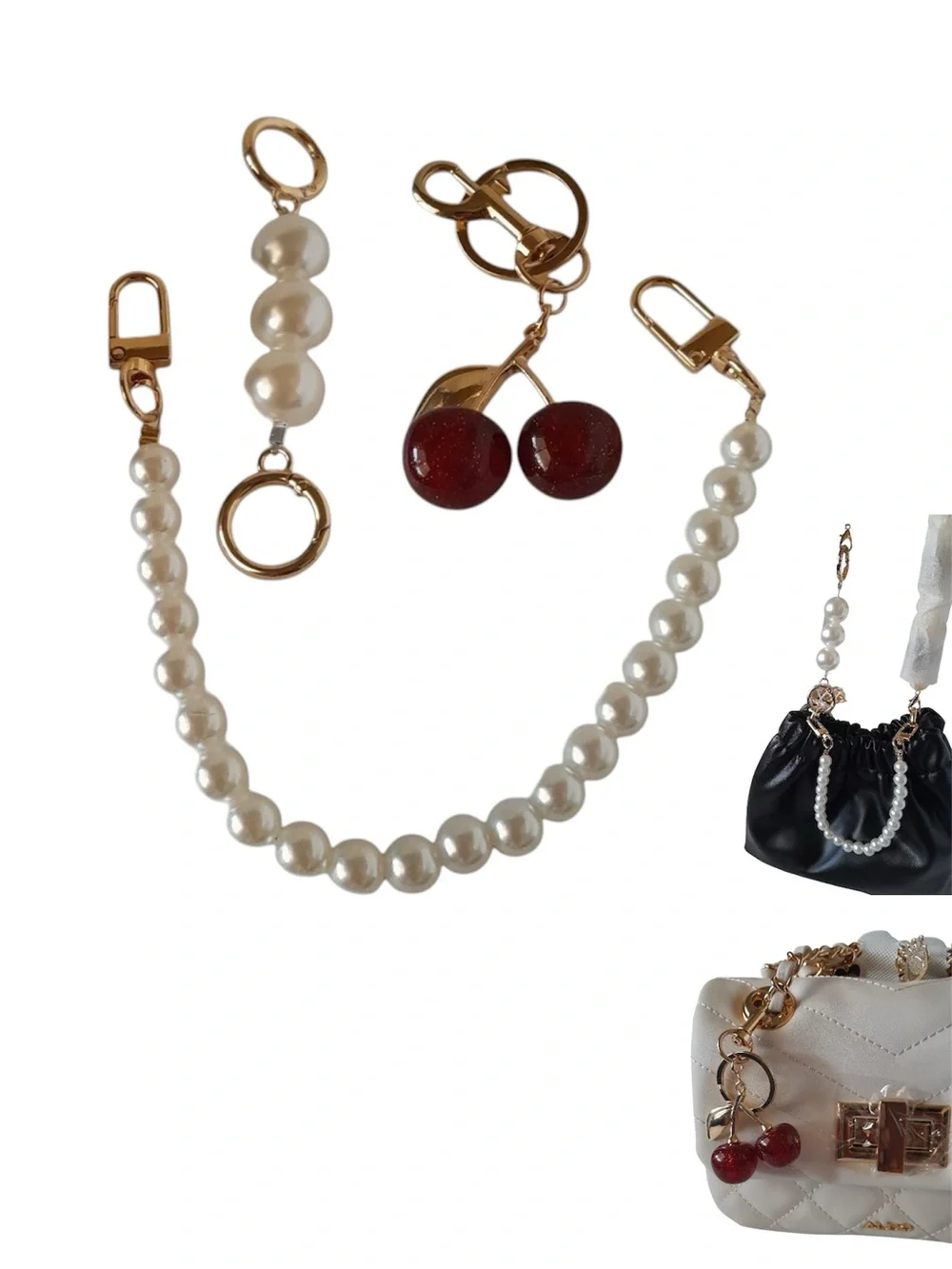 3pc Pearl Cherry Bag Charm Purse Chain Extender Set Gold Hardware Y2K Coquette